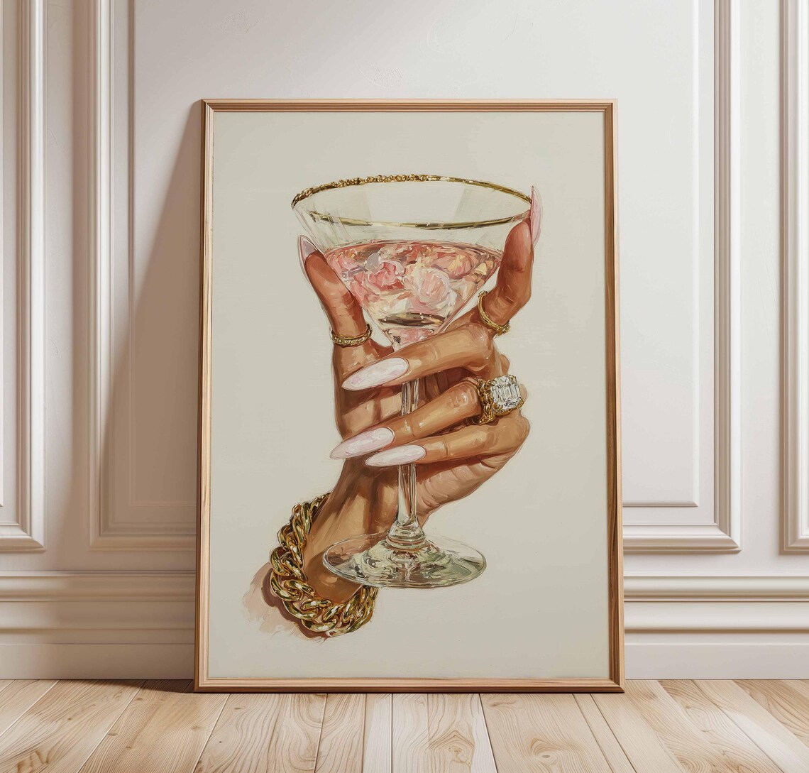 Glamorous Hand With Gold Jewelry Holding Pink Cocktail Poster