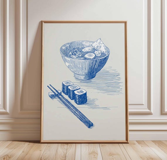 Japanese Ramen Poster Sushi Noodles Kitchen Wall Art Print Blue Ink Line Drawing Asian Food Illustration Minimalist Chopsticks Decor