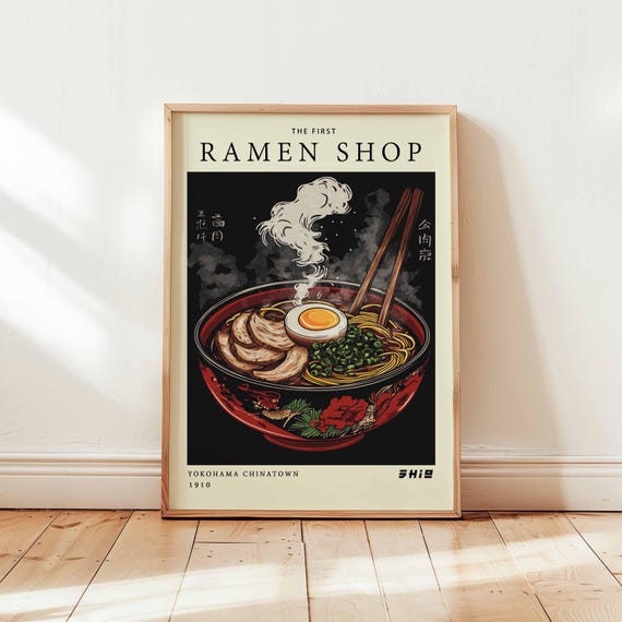 Ramen Shop Poster Vintage Japanese Noodle Wall Art Print Steaming Bowl Food Illustration Yokohama Chinatown Decor Unframed