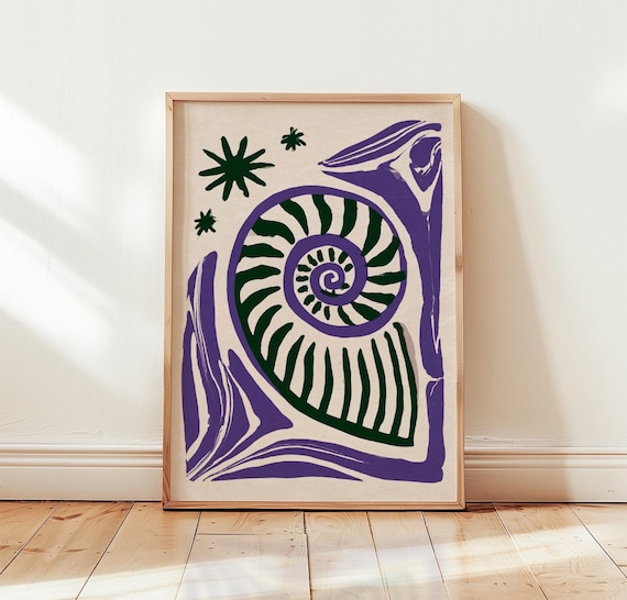 Purple Ammonite Shell Abstract Paper Cut Coastal Green Wall Art