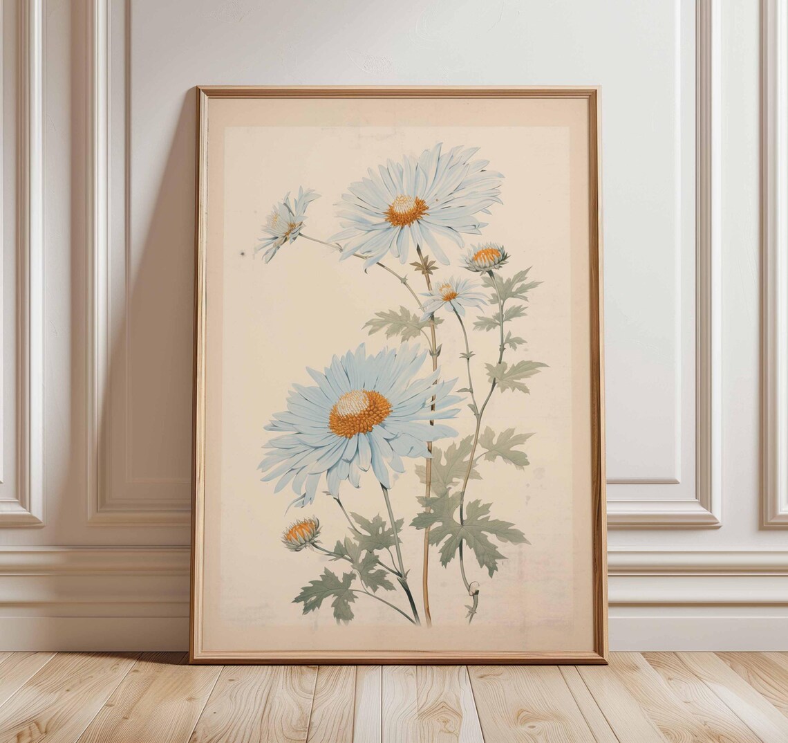 Vintage Pale Blue Daisy Botanical Flower Poster Cream Background