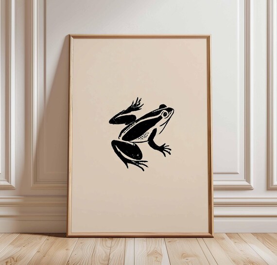 Black Frog Print Minimalist Wall Art Scandinavian Animal Poster Bold Amphibian Illustration Neutral Modern Nature Decor