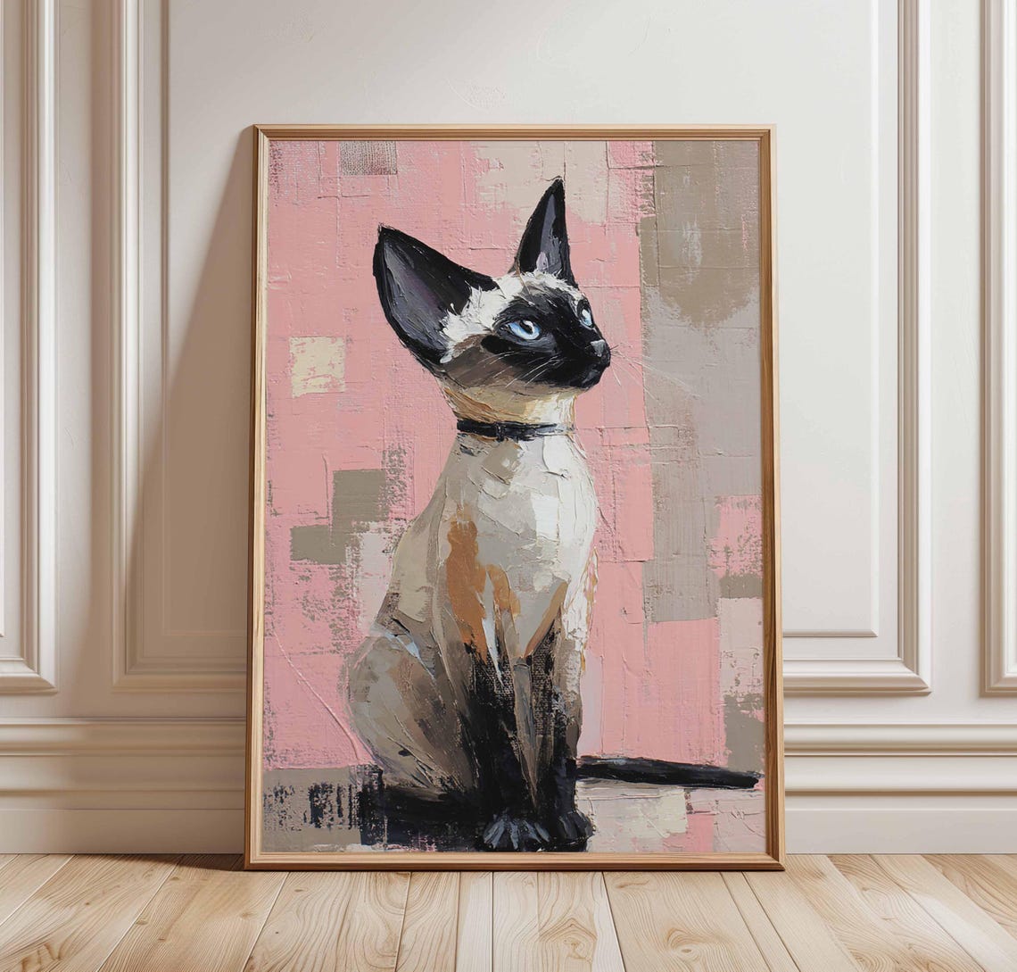 Blue Eyed Siamese Cat Portrait On Pink Abstract Modern Art Poster
