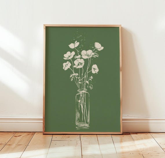White Floral Vase Poster Green Botanical Wall Art Minimalist Print