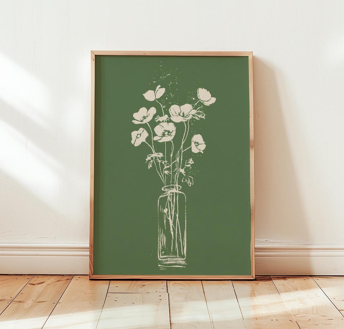 White Floral Vase Poster Green Botanical Wall Art Minimalist Print