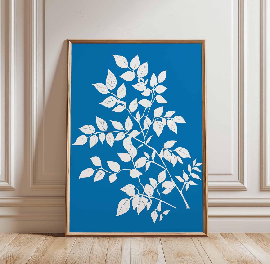 White Leaves Silhouette On Blue Minimalist Botanical Art Poster