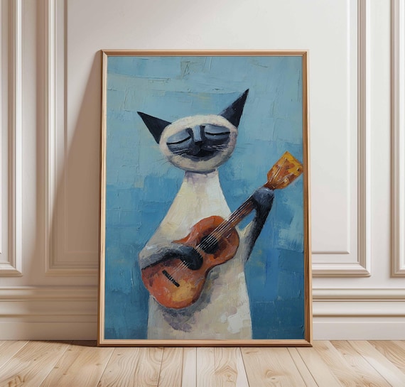 Happy Siamese Cat Strumming Guitar Blue Canvas Painting Poster