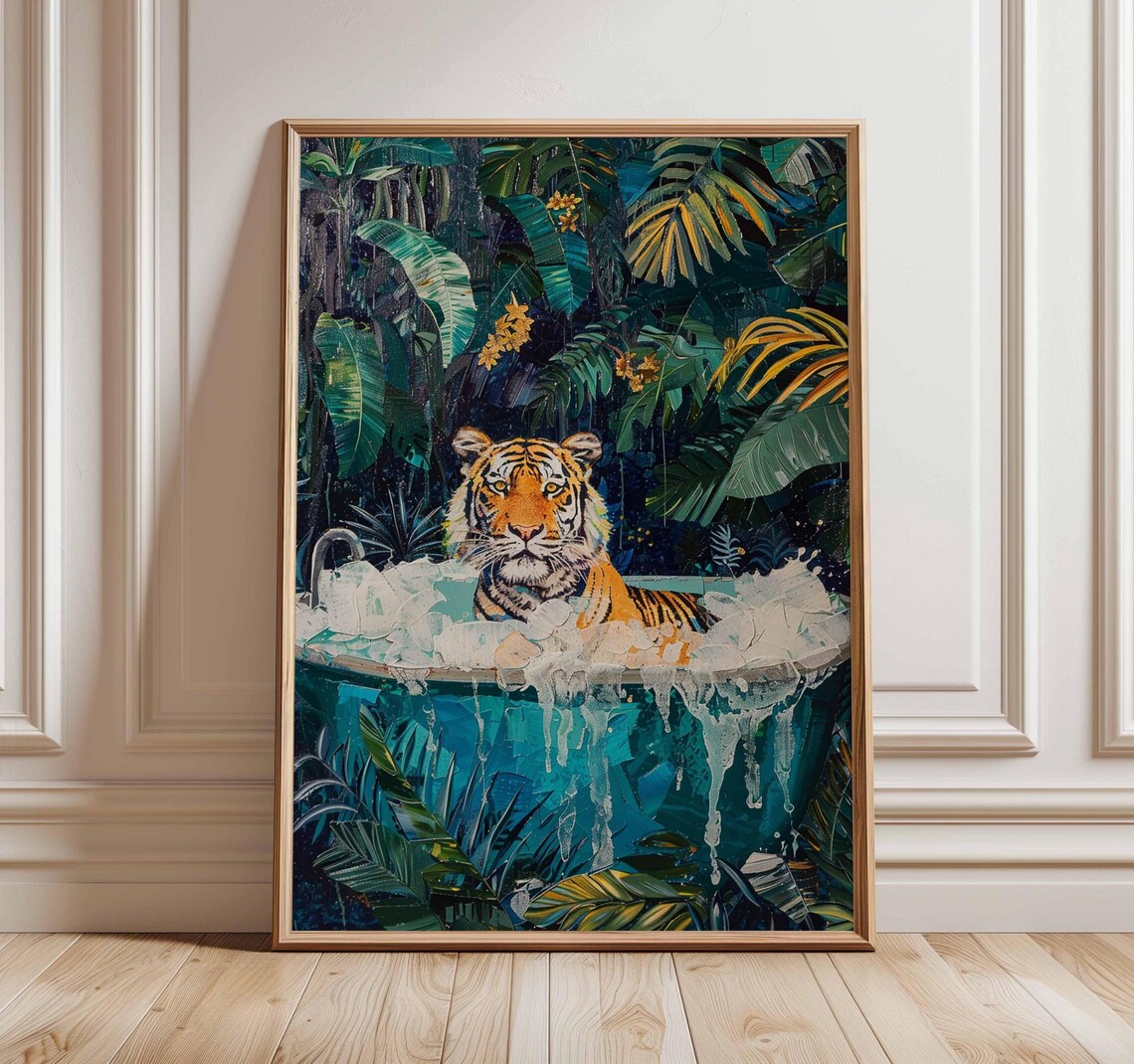 Tiger Bathtub Jungle Wall Art Whimsical Animal Poster Tropical Bathroom Decor Bold Maximalist Print Unframed Artwork