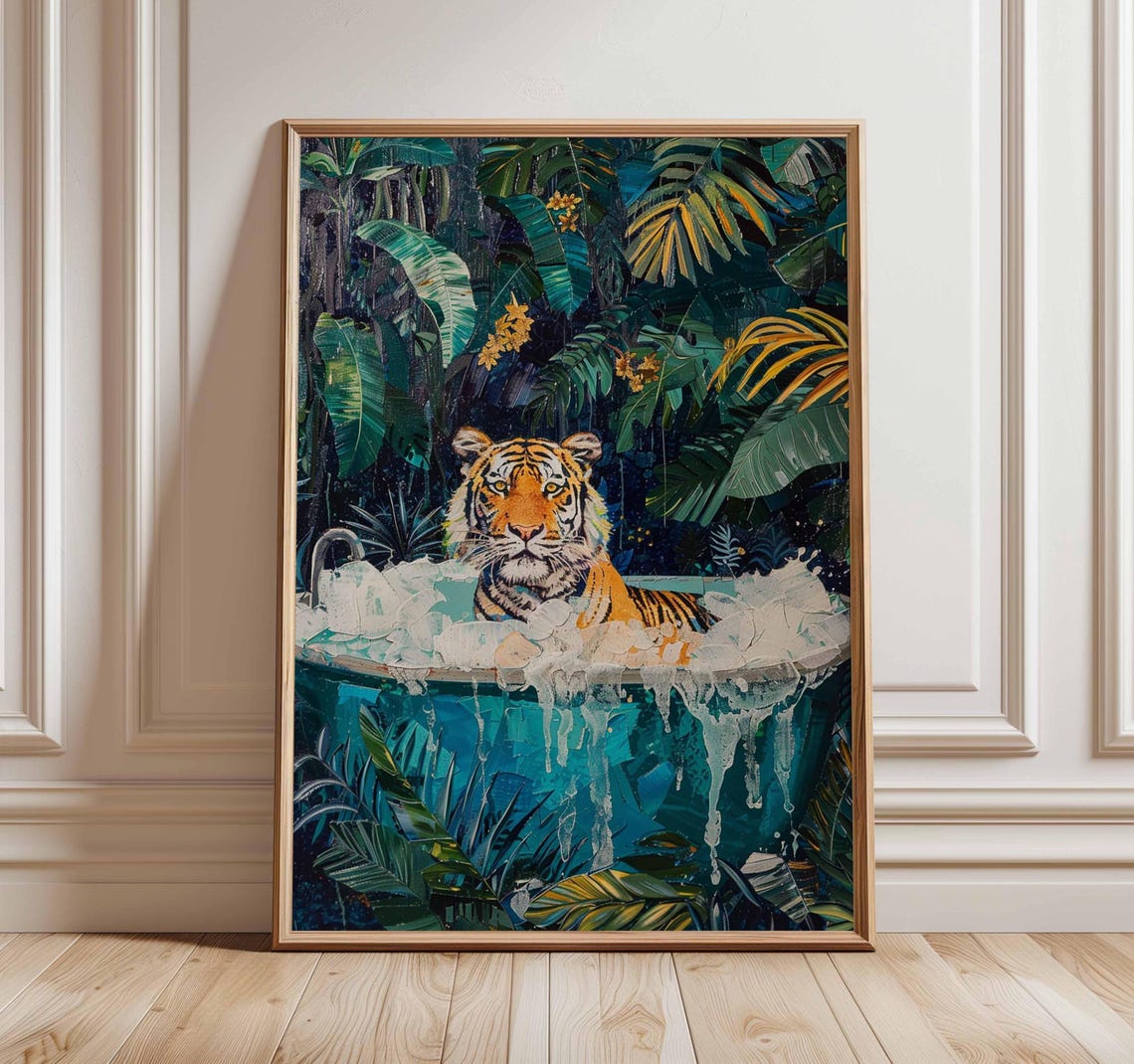 Whimsical Tiger In A Jungle Bathtub Bubble Bath Animal Poster
