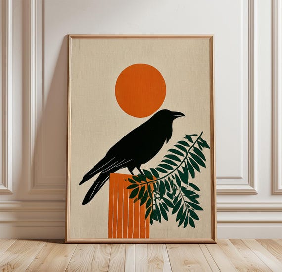 Rook Bird - Black Linocut Botanical Art Print