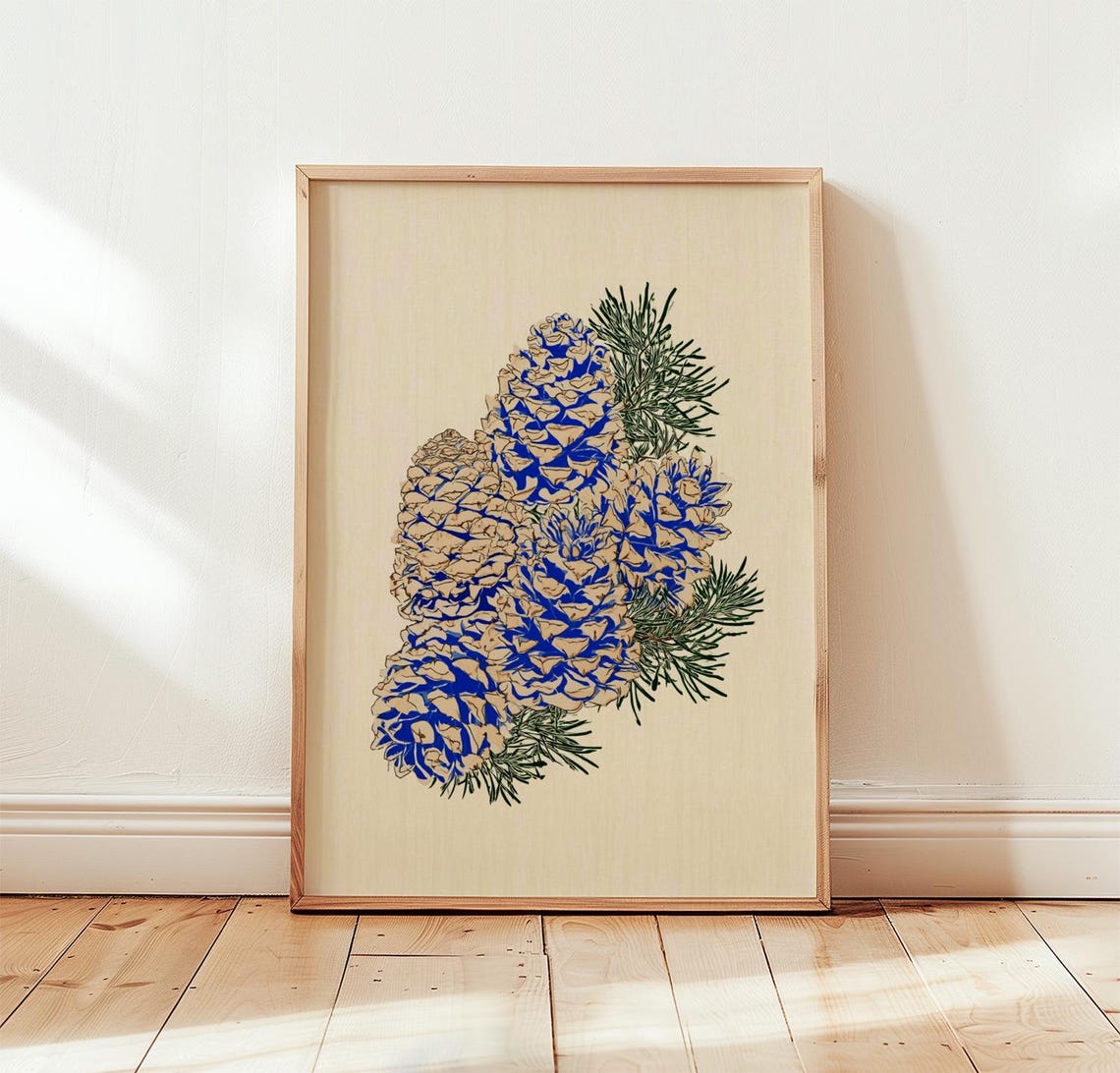 Blue Pinecone Print Green Botanical Wall Art Screen Poster