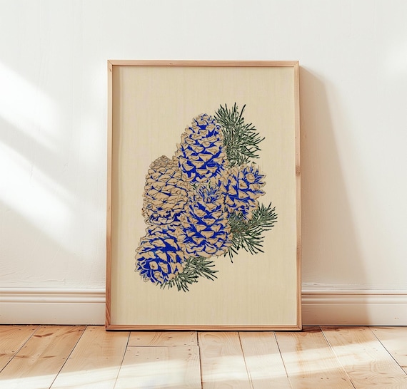 Blue Pinecone Cluster Botanical Evergreen Winter Holiday Art Poster