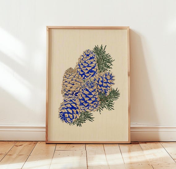 Blue Pinecone Print Green Botanical Wall Art Screen Poster