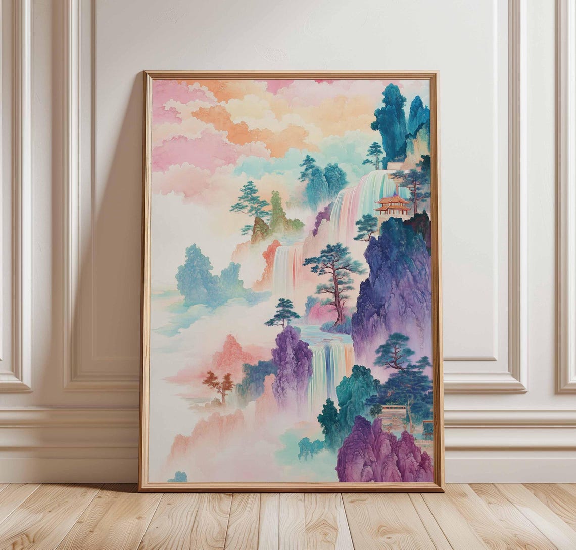 Pink Purple Pastel Asian Mountain Waterfall Landscape Art Poster