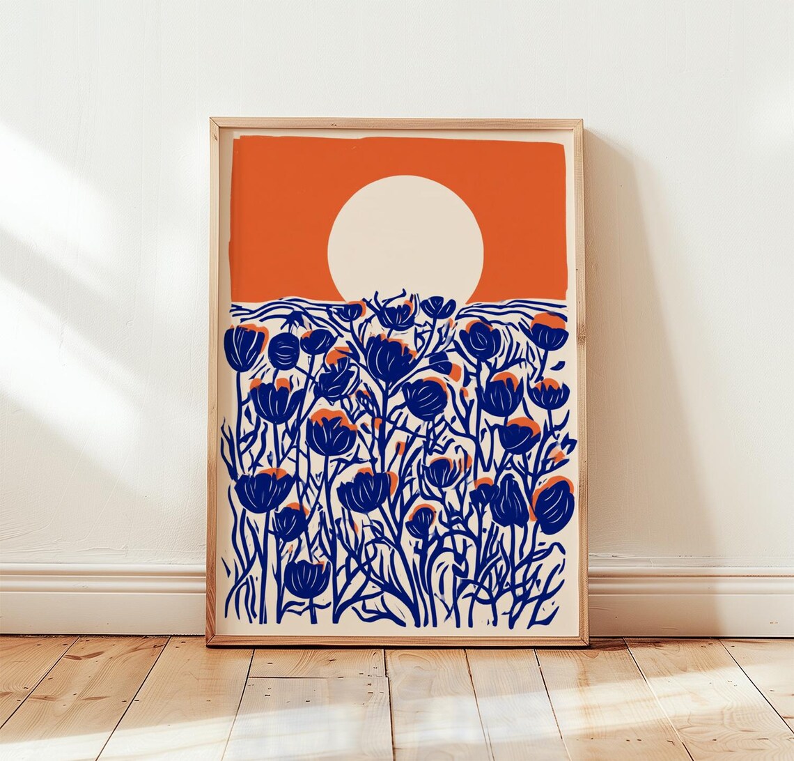 Orange Moon, Blue Wildflower Linocut Poster