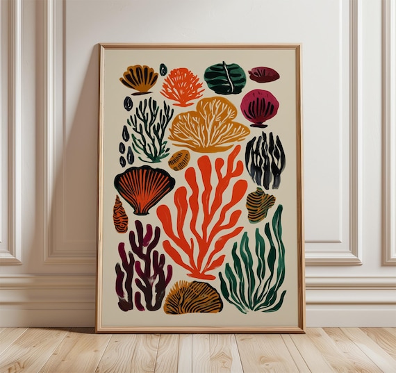 Mid Century Modern Coral Reef Botanical Cream Color Art Poster