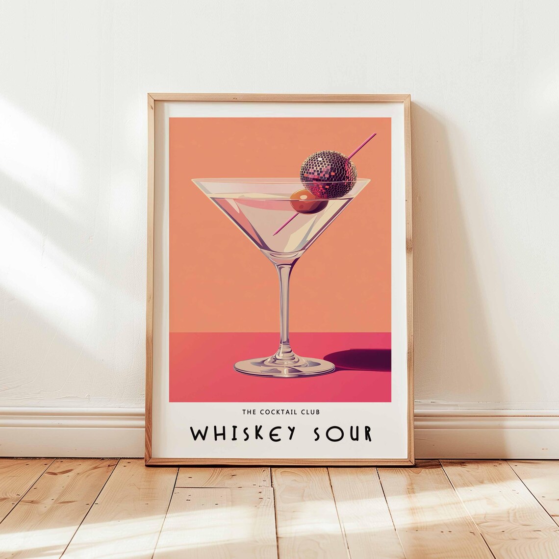 Whiskey Sour Disco Ball Martini Olive Coral Cocktail Club Poster