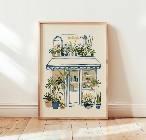 Blue and White Flower Shop Storefront Illustration Poster With Plants