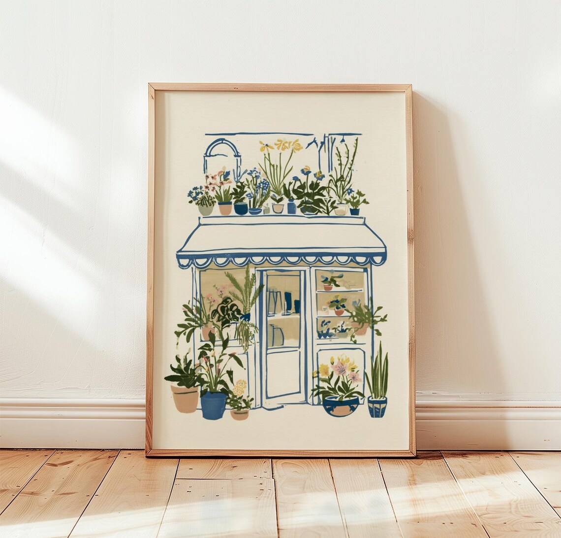 Blue and White Flower Shop Storefront Illustration Poster With Plants
