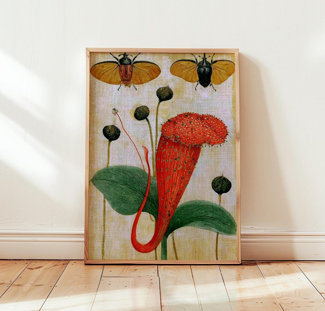 Vintage Pitcher Plant Poster Botanical Insect Wall Art Nature Print