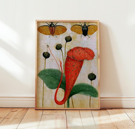 Vintage Pitcher Plant Poster Botanical Insect Wall Art Nature Print