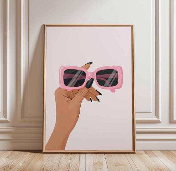 Pink Sunglasses Poster Fashion Pop Art Print Girly Wall Decor For Bedroom Or Closet Trendy Hand Holding Shades Illustration