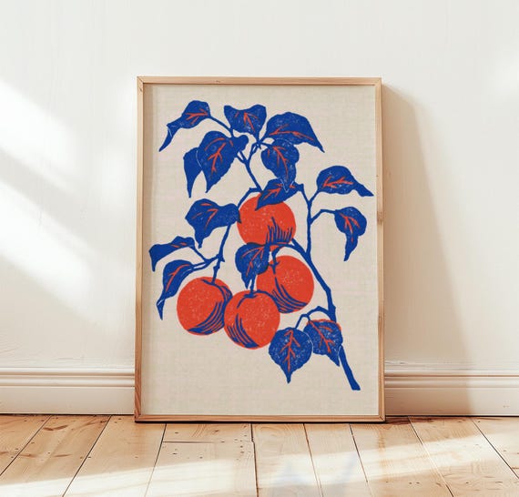 Apricot Branch Poster Botanical Fruit Wall Art Linocut Nature Print