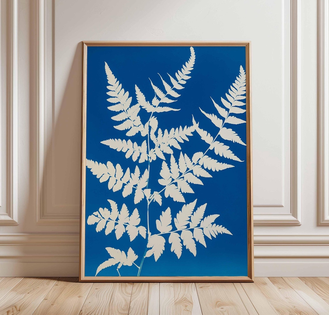 White Fern Leaf Botanical Poster Blue Cyanotype Minimalist Plant Art