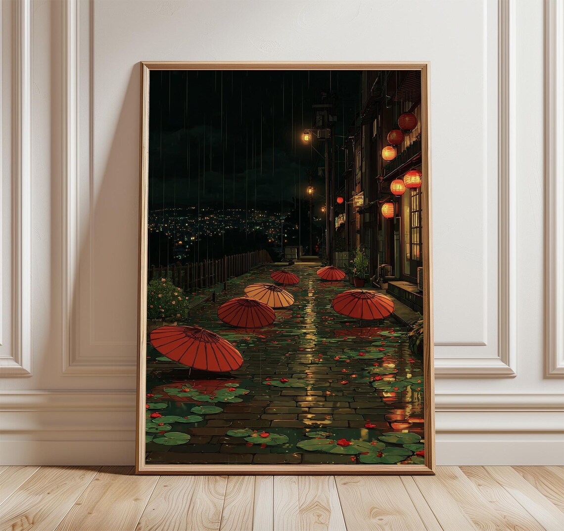 Japanese Street Rainy Night, Lantern City Illustration