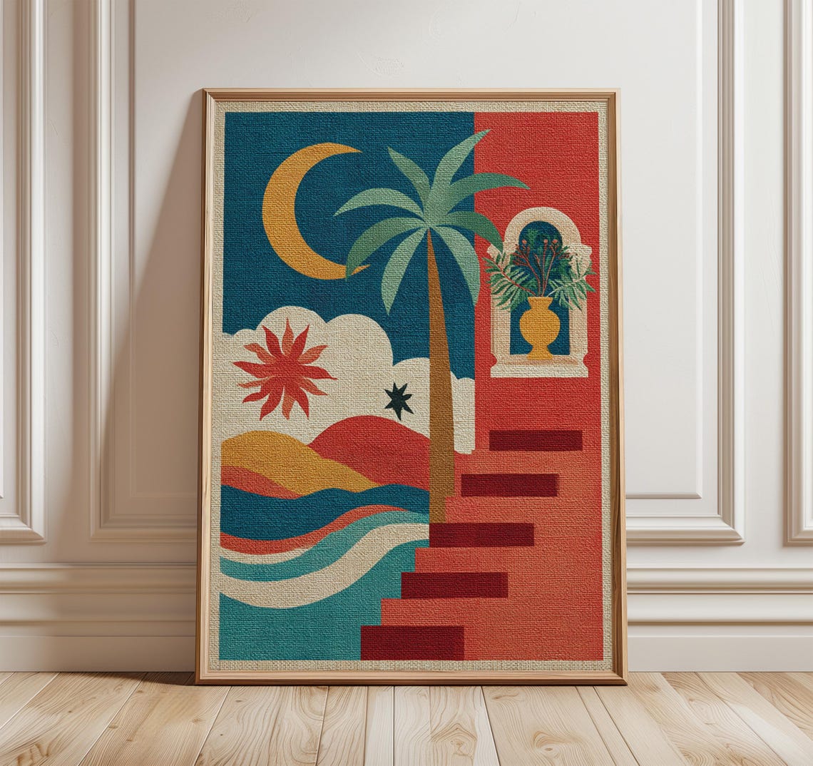 Mediterranean Wall Art Geometric Retro Poster Palm Tree And Stairs Print Modern Boho Decor Colorful Abstract Home Artwork