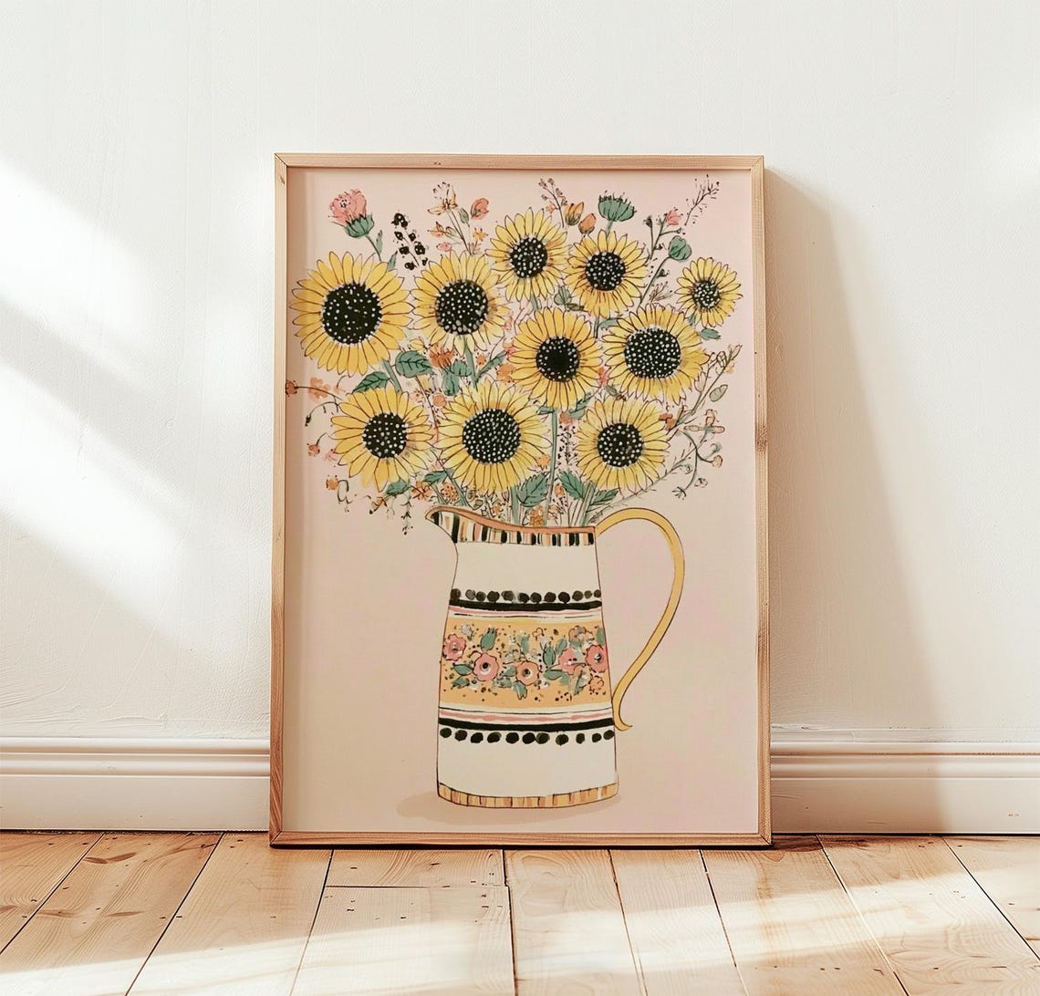 Sunflower Bouquet In Decorated Pitcher Vintage Floral Wall Art
