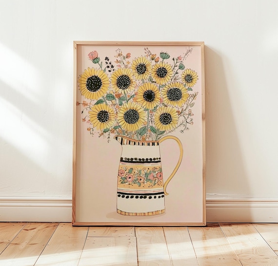 Sunflower Bouquet In Decorated Pitcher Vintage Floral Wall Art
