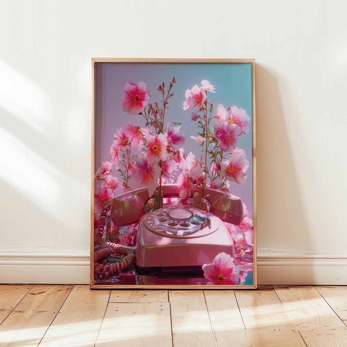 Pink Vintage Rotary Phone With Blossom Flowers Retro Pop Decor Poster