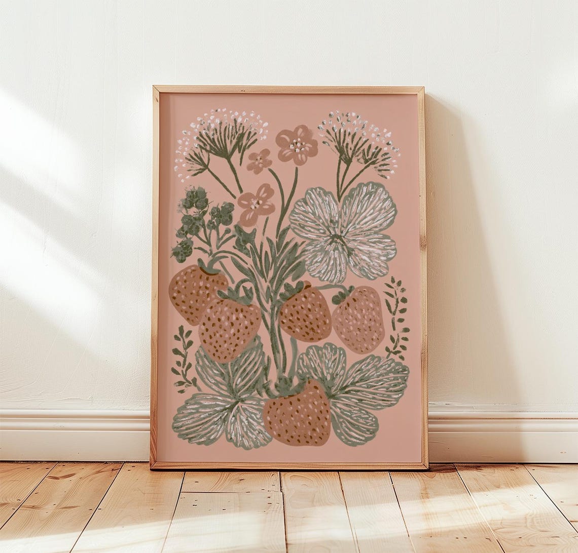 Strawberry Botanical Floral Fruit Vintage Kitchen Wall Decor Poster