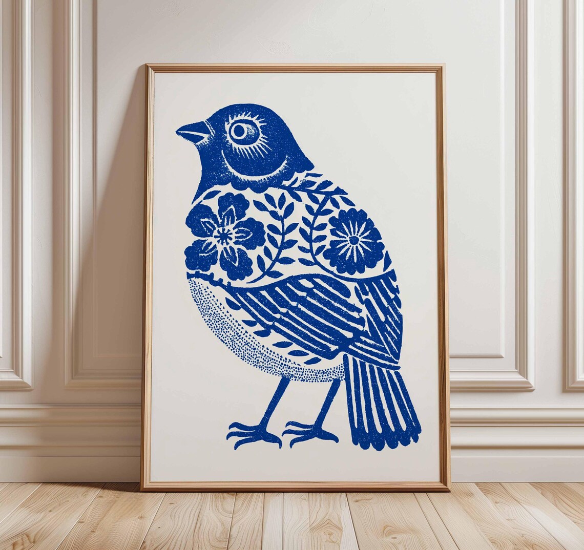 Blue Bird Scandinavian Folk Art Floral Poster