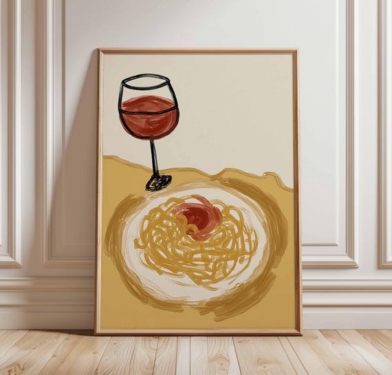 Pasta And Wine Wall Art Print Whimsical Italian Kitchen Poster Minimalist Spaghetti Red Illustration Quirky Foodie Decor