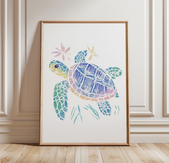 Rainbow Watercolor Sea Turtle Minimalist Coastal Ocean Animal Poster