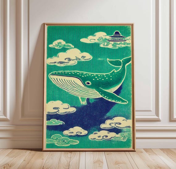 Green Whale Poster Japanese Style Art Print Whimsical Ocean Wall Decor Vintage Hokusai Inspired Animal Illustration