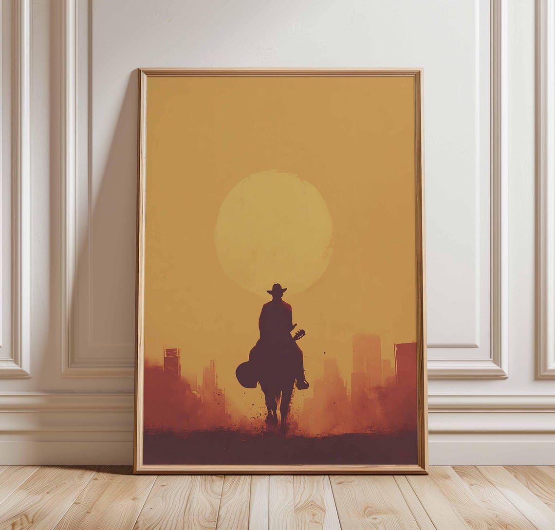 Cowboy on Horseback Sunset Silhouette Western Desert Wall Art