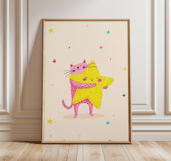 Pink Cat Hugging Yellow Star Whimsical Nursery Kids Art Poster