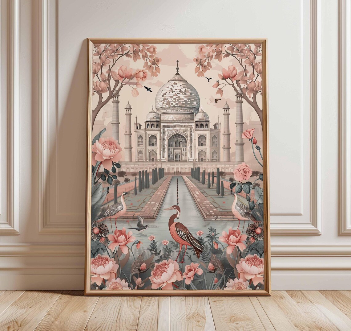 Dreamy Taj Mahal Pastel Pink Floral Garden Romantic Travel Art Poster