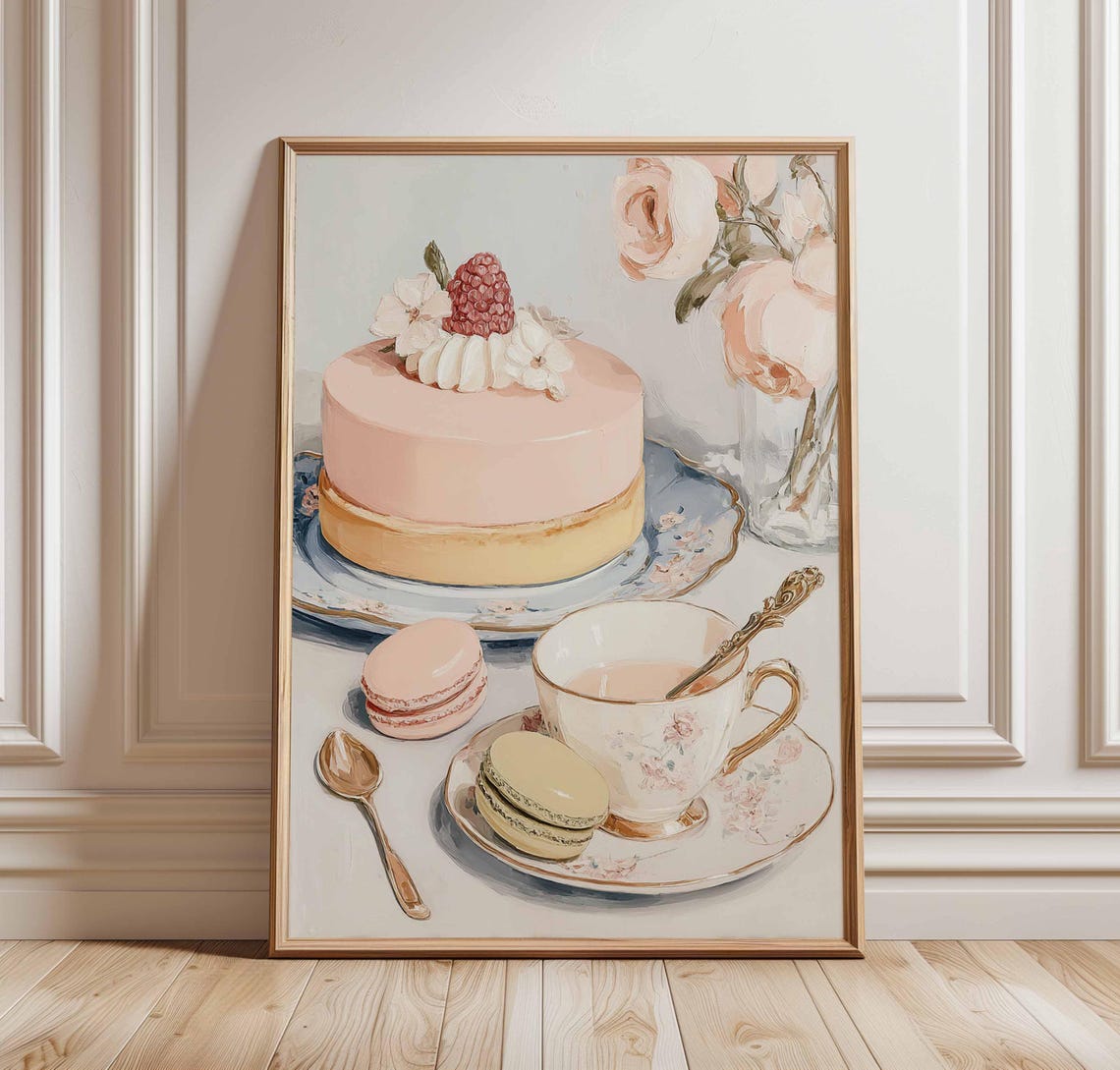 French Patisserie Pink Cake Macarons Tea Cup Vintage Kitchen Print