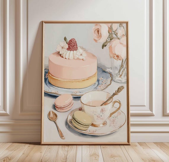 French Patisserie Cake Poster Elegant Tea And Macaron Print Pastel Dessert Kitchen Wall Art Vintage Bakery Decor