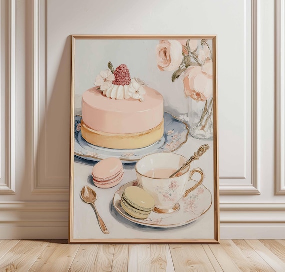 French Patisserie Pink Cake Macarons Tea Cup Vintage Kitchen Print