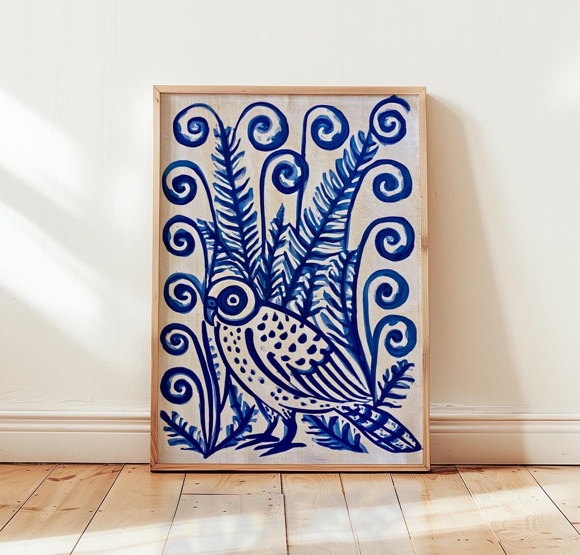 Blue Owl Poster Nordic Folk Art Woodland Bird Botanical Room Decor