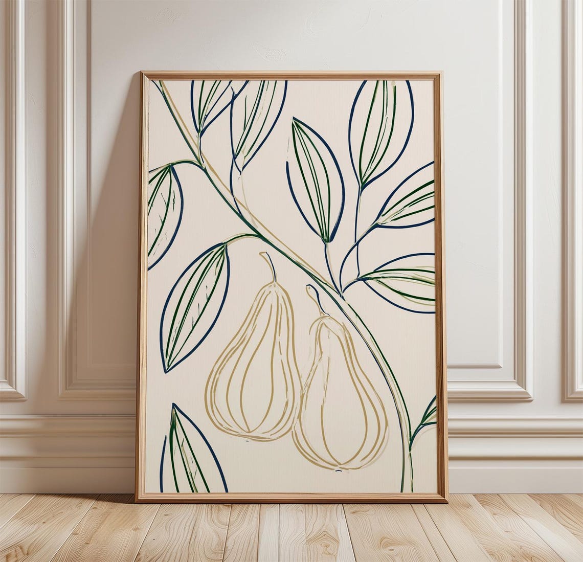 Elegant Pear Branch Navy Gold Minimalist Line Kitchen Art Poster