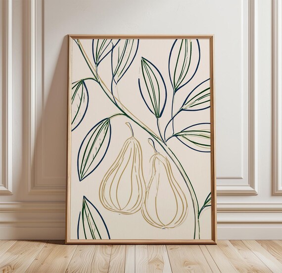 Elegant Pear Branch Navy Gold Minimalist Line Kitchen Art Poster