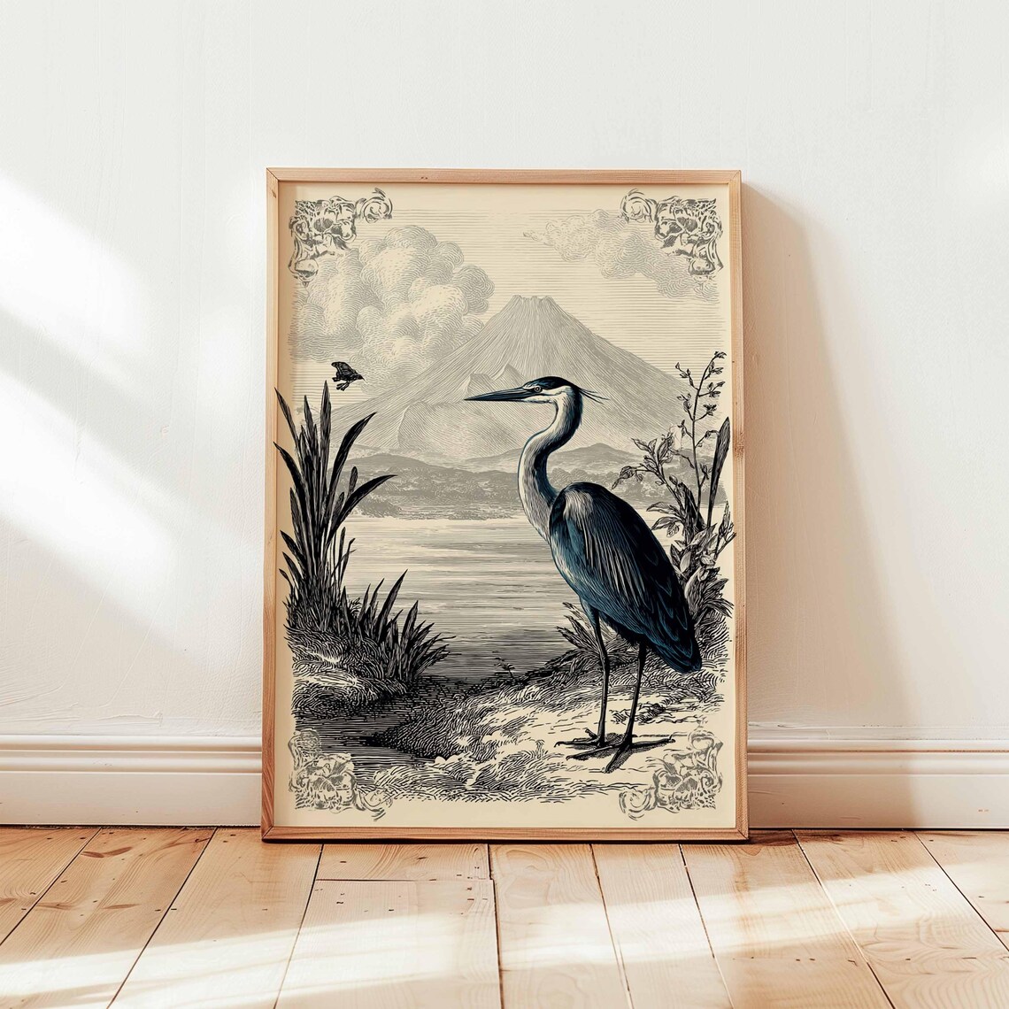 Vintage Heron Engraving Lake Mountain Victorian Wildlife Bird Poster