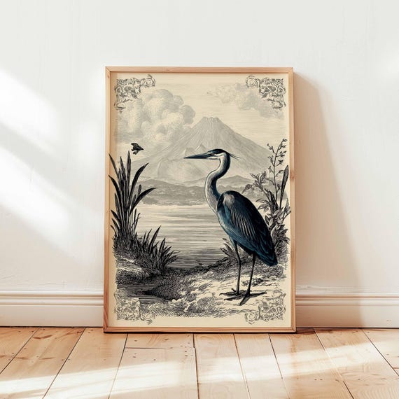 Vintage Heron Wall Art Print Antique Nature Bird Poster Design Victorian Lake Scene Unframed Decor Engraved Wildlife Illustration