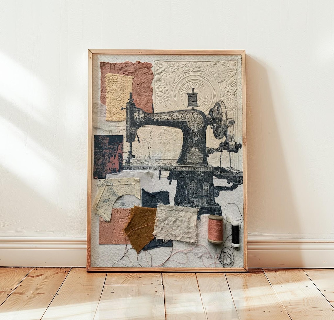 Vintage Sewing Machine, Mixed Media Collage Art Print